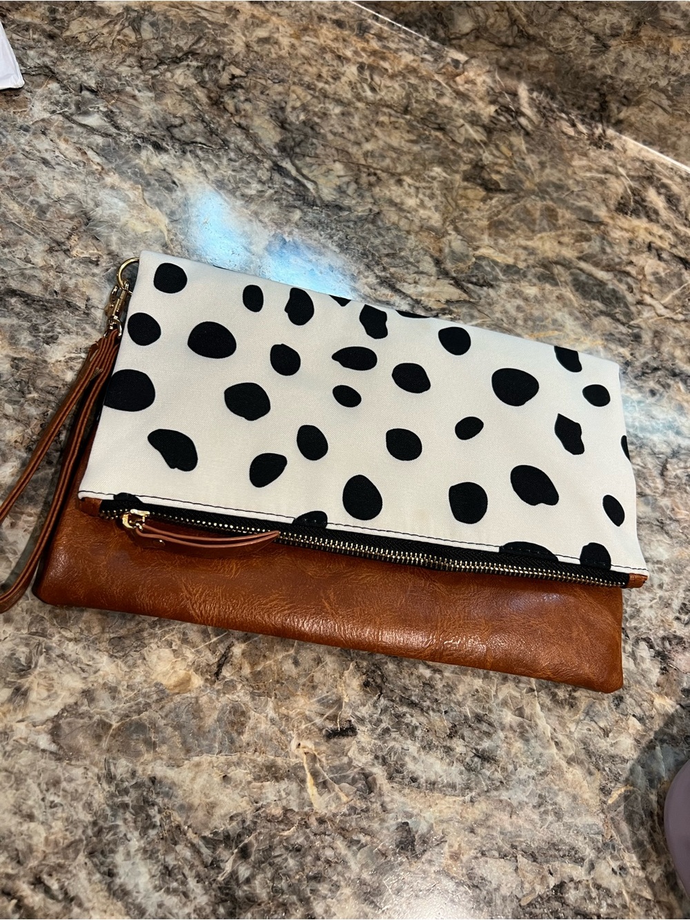 Dalmatian Print Foldover Clutch in Black & Brown